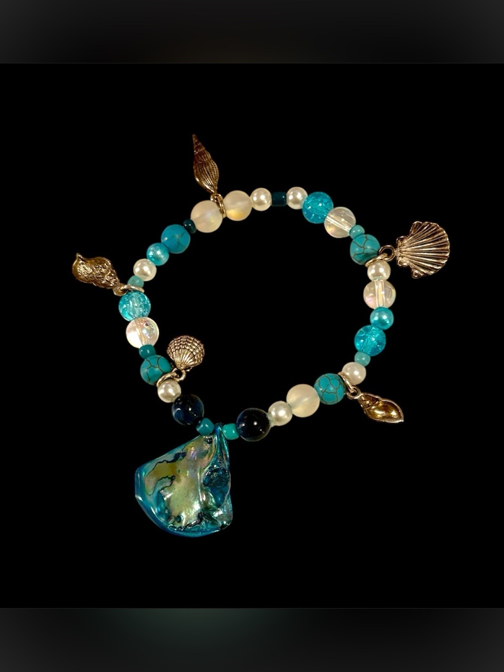 Handmade blue white seashell beaded bracelet